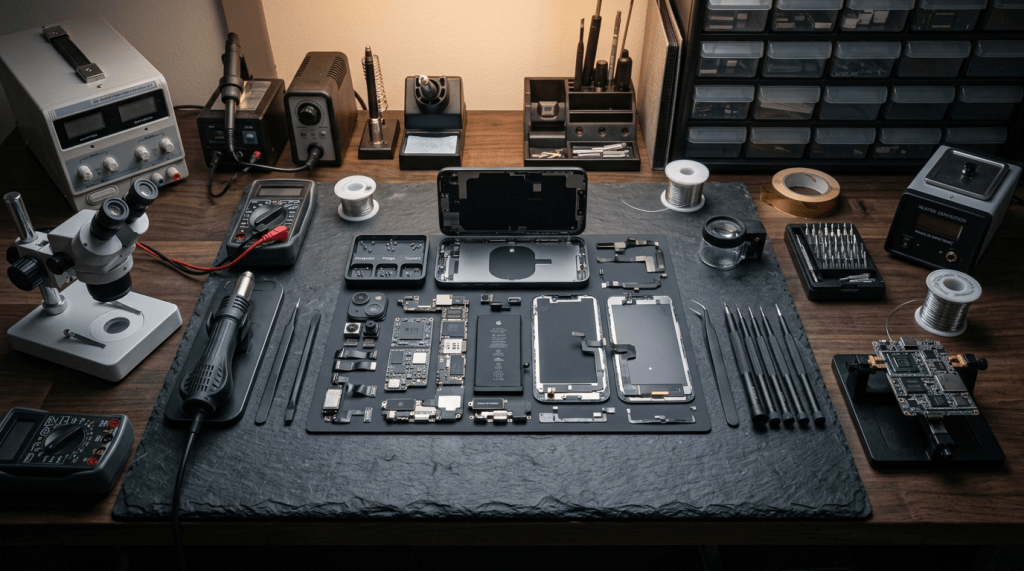 Disassembled iPhone components arranged on a repair workbench